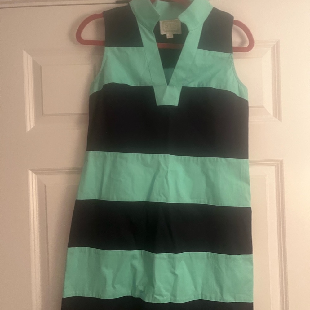 Turquoise and navy shift dress